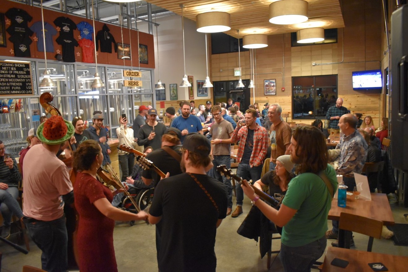 A Wednesday evening bluegrass pick at Beyond the Mountain Brewing in Boulder.