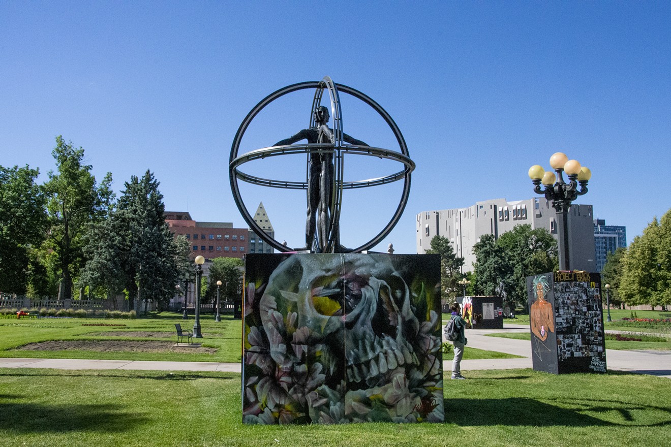 The statue dedicated to Columbus now has a Denver Black Love Mural Festival wrap.