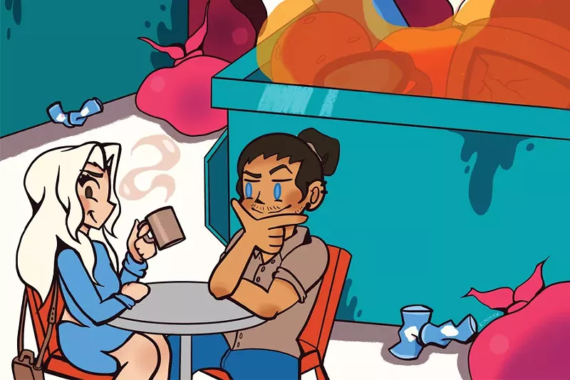 Image: cartoon of dating couple in front of dumpster