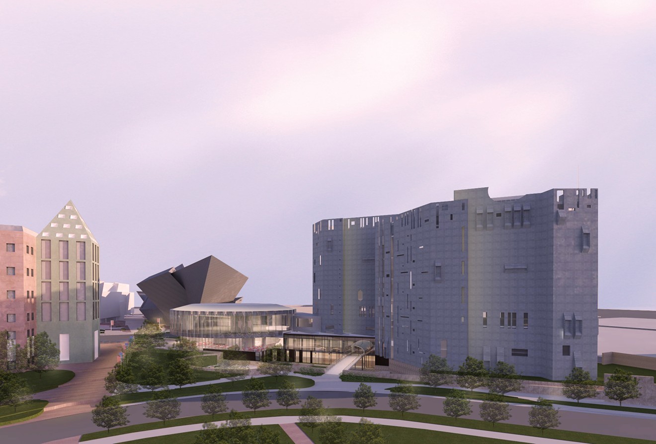 Proposed architectural rendering of an aerial view of the North Building at dusk.