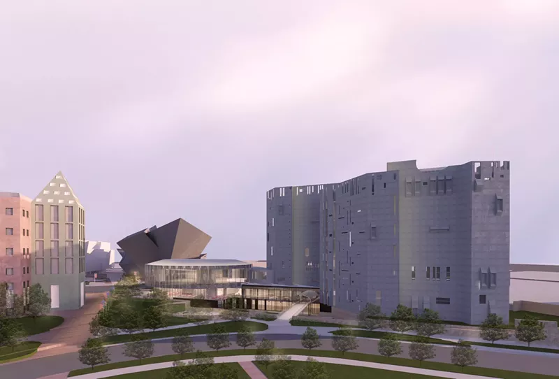 Image: Proposed architectural rendering of an aerial view of the North Building at dusk.