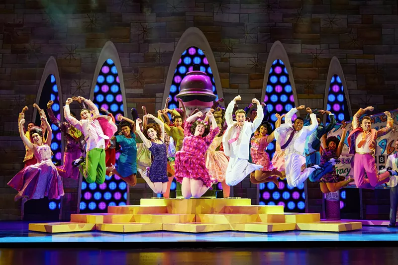 Image: the cast of Broadway musical Hairspray on stage