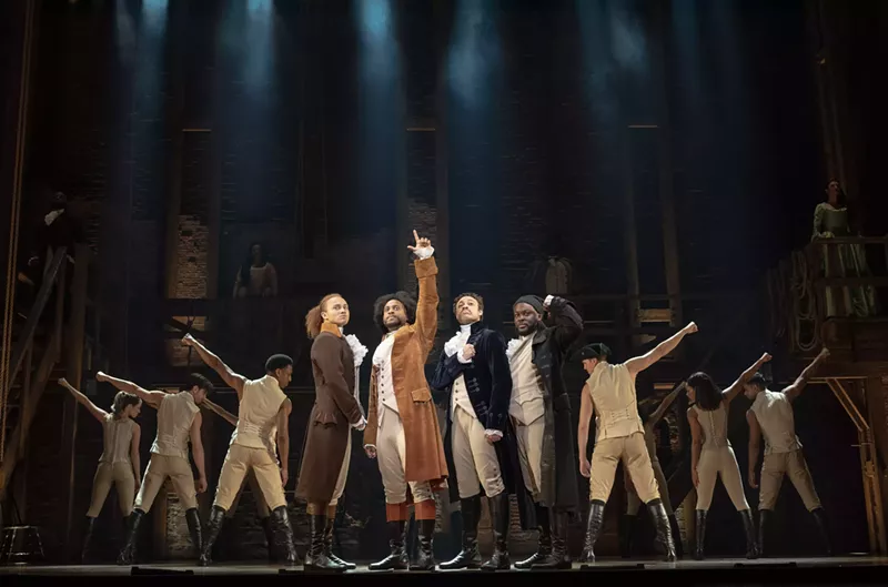 Image: cast of Hamilton musical on stage
