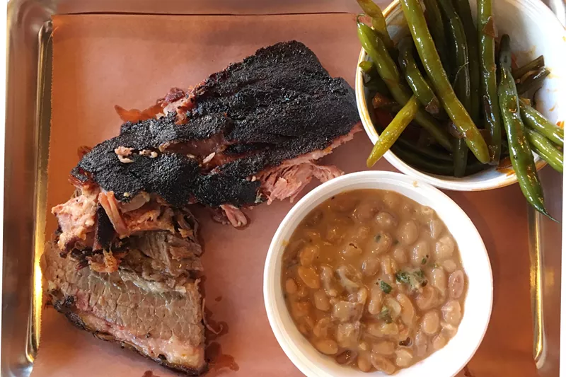Image: Brisket, pork spare ribs, beans and green beans at Hank's.