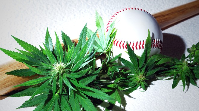 Baseball surrounded by marijuana leaves