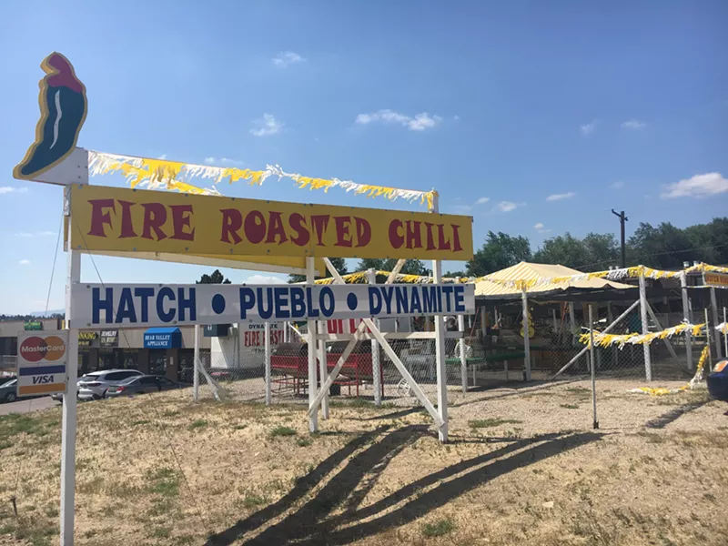 Image: A green chile stand near South Federal Boulevard and West Hampden Avenue sells both Hatch and Pueblo varieties.