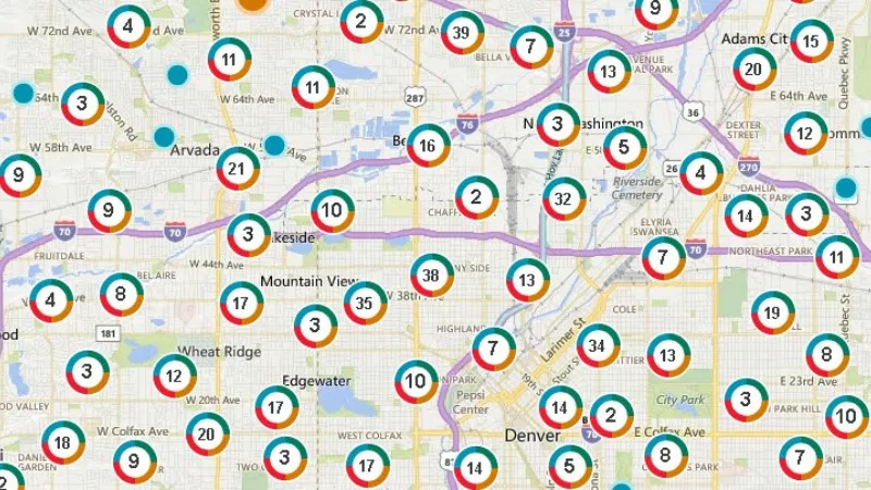 Image: A wider view of power outages in the Denver area, in a screen capture from Xcel Energy's outage map at 5:15 a.m. on March 14.