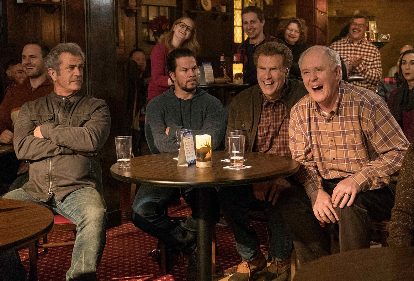 Guess who really shouldn't be one of the guys: Mel Gibson (left) appears in Daddy's Home 2 with Mark Wahlberg, Will Ferrell and John Lithgow.