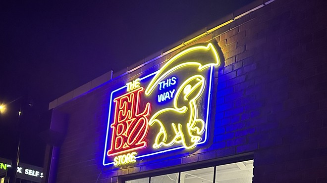 A neon sign for the Elbo Store in Denver, Colorado.