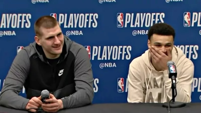 Image: Denver Nuggets' Nikola Jokic and Jamal Murray at a post-victory press conference in April.