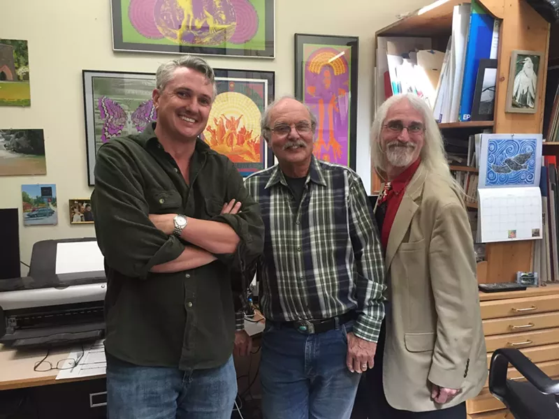 Image: Filmmakers Dan Obarski (left) and Scott Montgomery (right) with artist Bob Schnepf.