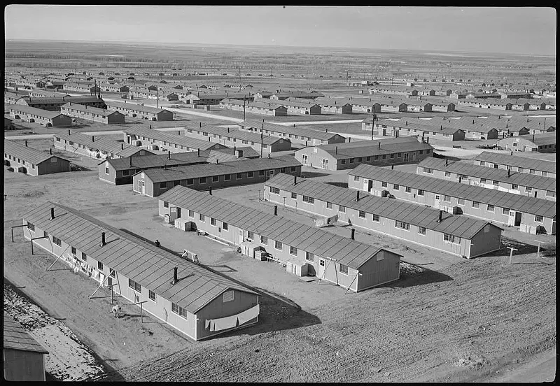 Image: internment camp barracks on the plains of Colorado