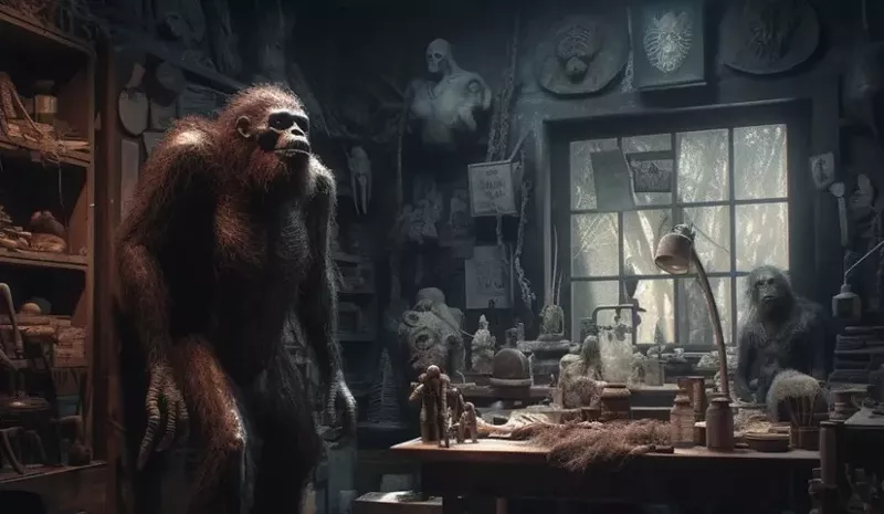 Image: a sasquatch inside a room covered in cobwebs.