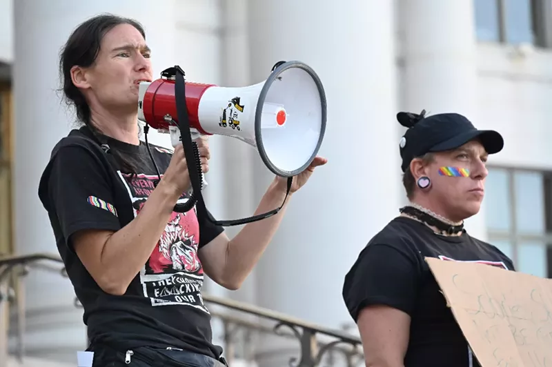 Image: Housekeys Action Network Denver organizers Terese Howard and Ana Lilith Gloom speak outside of City Hall.