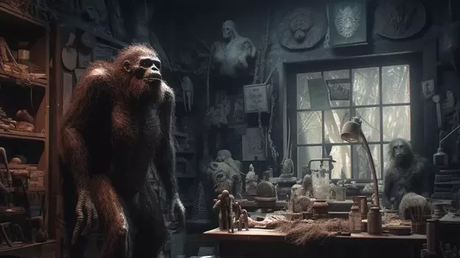 a sasquatch inside a room covered in cobwebs.