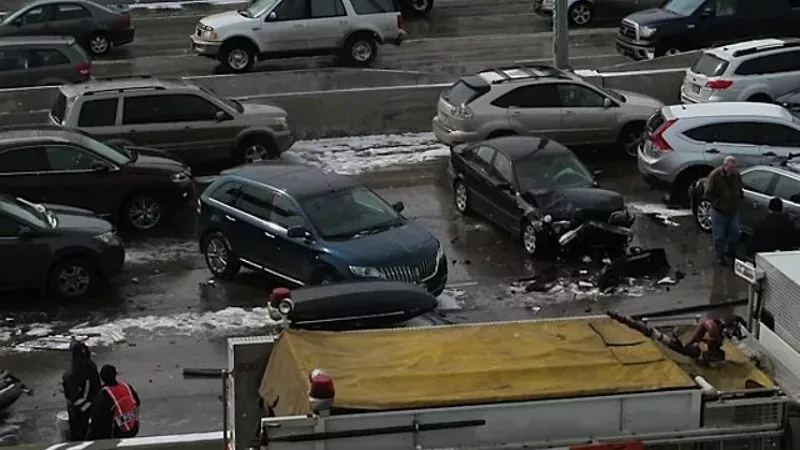 Image: A photo from a multi-car pileup on Interstate 25 in March 2014 that killed one and injured thirty.