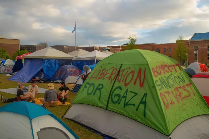 Image: A tent with "Liberation for Gaza" at a college student protest