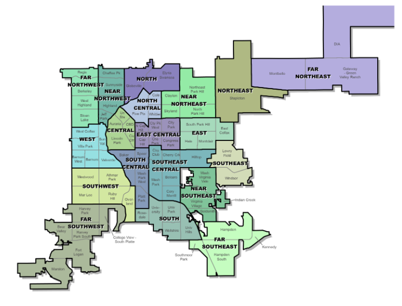 The Neighborhood Planning Initiative grouped Denver's 78 statistical neighborhoods into "areas" for planning efficiency.