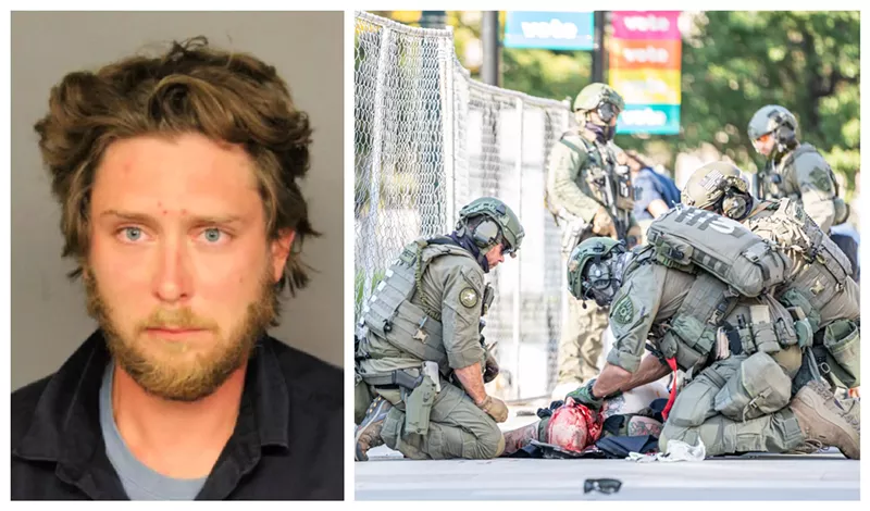 Image: Mug shot of Matthew Dolloff and photo from our slideshow "Dueling Demonstrations End With a Shooting at Civic Center Park."