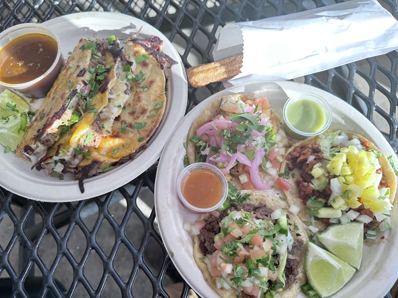 A variety of tacos from R&B: Carne asada, al pastor, and chicken tinga and quesabirria.