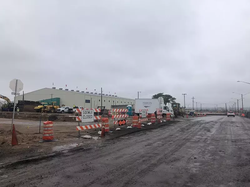 Image: The intersection of Brighton Boulevard and 48th Avenue on a rainy Tuesday in October.