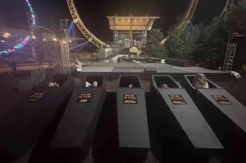 Image: Westword's Hannah Metzger (far left) participating in Elitch Gardens' Pine Box Challenge.