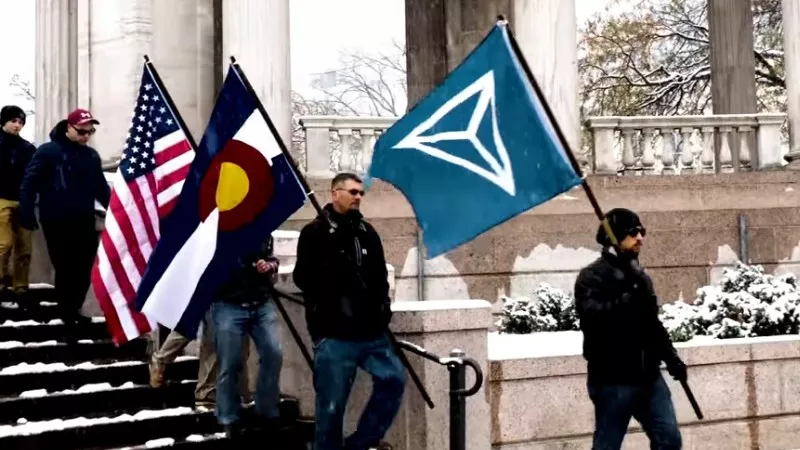 Image: A screen capture from an Identity Evropa video that focuses on a so-called "flash demonstration" at Denver's Civic Center Park in November.