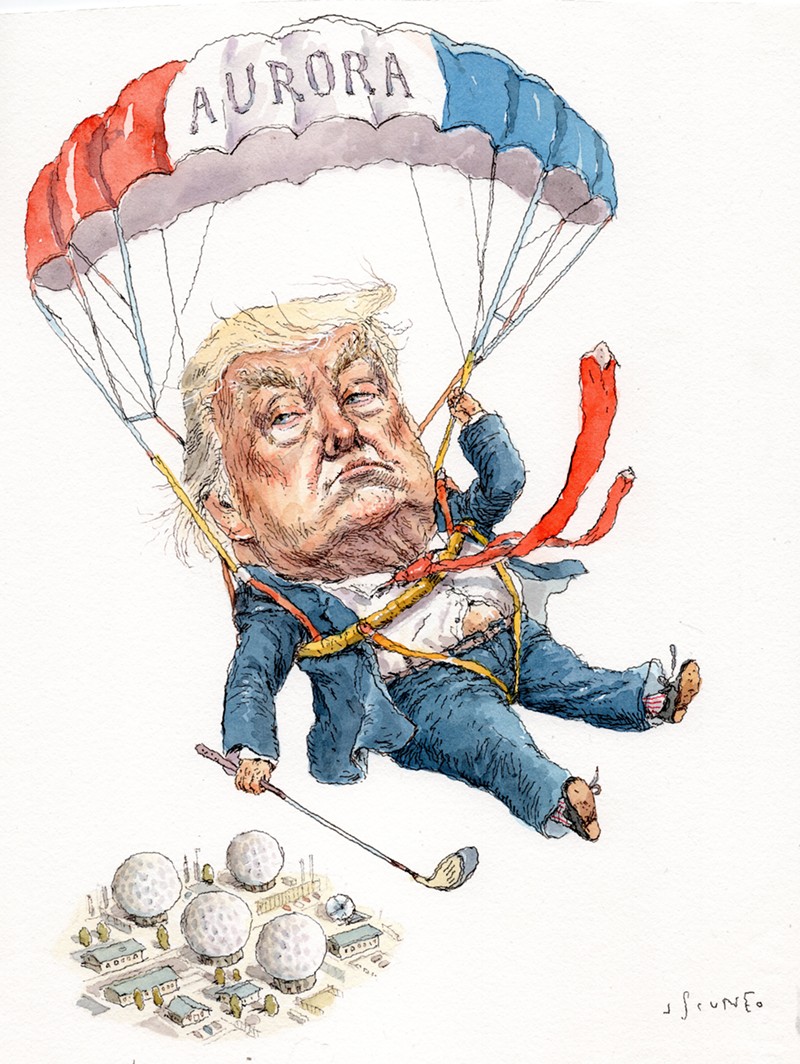 drawing of trump parachuting into Aurora