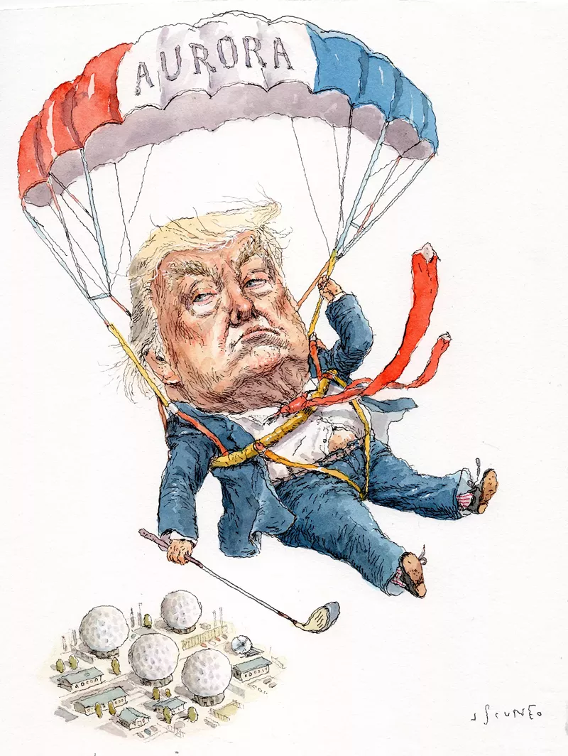 Image: drawing of trump parachuting into Aurora