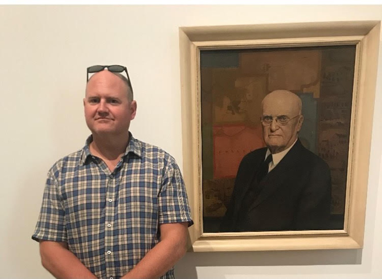 Pete Turner by a portrait of his great-great-grandfather, painted by Grant Wood.