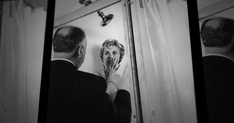 Image: Alfred Hitchcock on the set with Janet Leigh.