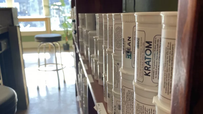 Image: A look behind the counter at Lakewood's Clean Kratom Wellness Center.