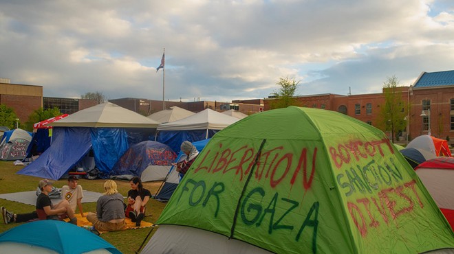 A tent with "Liberation for Gaza" at a college student protest