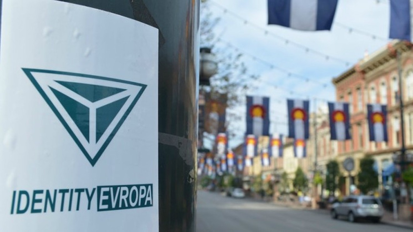 A photo tweeted in August on the Identity Evropa account — this one showing a sticker emblazoned with the group's logo in Larimer Square.