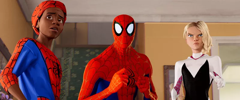 Image: Among the alternative Spider-folk in Spider-Man: Into the Spider-Verse are (from left): Brooklyn teen Miles Morales (voiced by Shameik Moore), the forty-ish Peter Parker (voiced by Jake Johnson) and Spider-Gwen (voiced by Hailee Steinfeld).