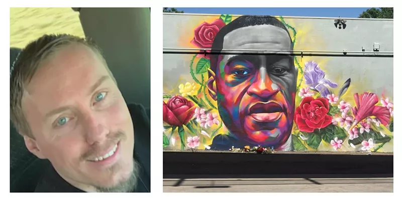 Image: A family photo of the late John Pacheaco Jr. and a mural of George Floyd by Thomas "Detour" Evans and Hiero Veiga.