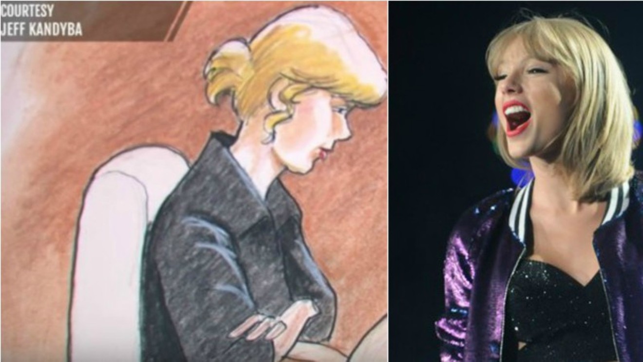 Taylor Swift in court on the day of the verdict, as depicted by illustrator Jeff Kandyba, looking much more serious than during a 2015 Denver concert.