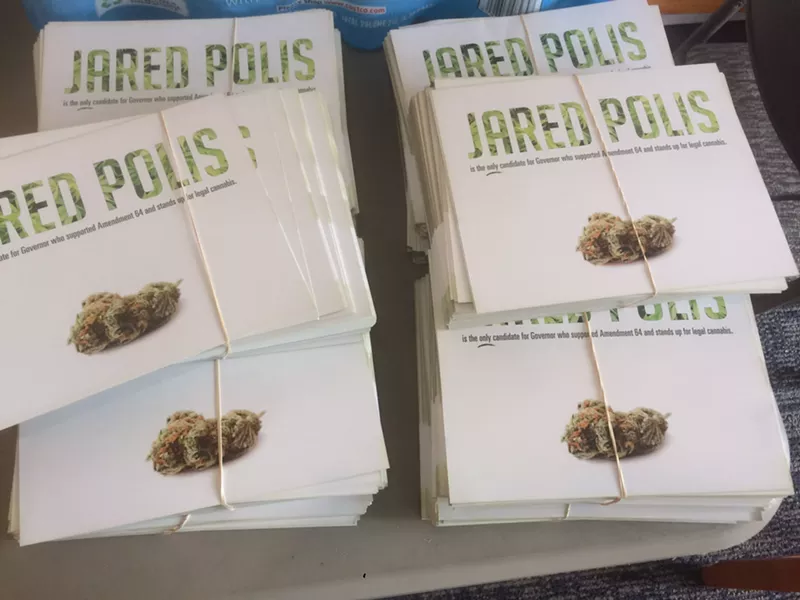 Image: Jared Polis had supporters hand out literature to dispensaries on June 8.