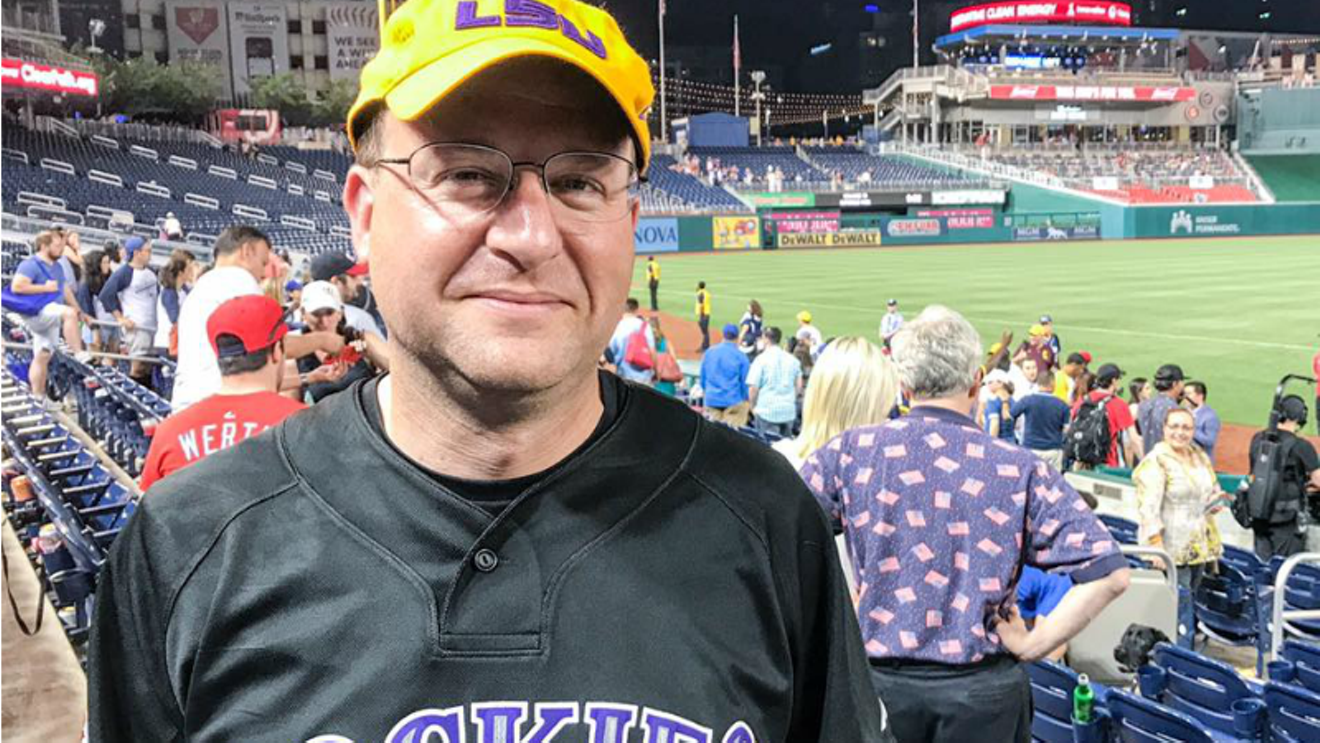 Jared Polis at last night's Congressional baseball game at Nationals Park in Washington, D.C., clad in a Colorado Rockies jersey and an LSU cap honoring wounded Louisiana Representative Steve Scalise.