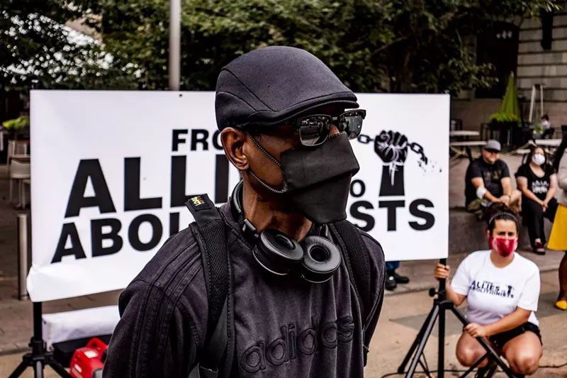 Image: Beating victim Raverro Stinnett at a July 4 press conference for From Allies to Abolitionists.