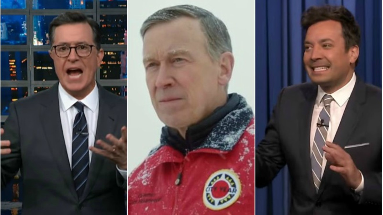 Stephen Colbert and Jimmy Fallon surround the target of their mirth, a grumpy-looking John Hickenlooper.