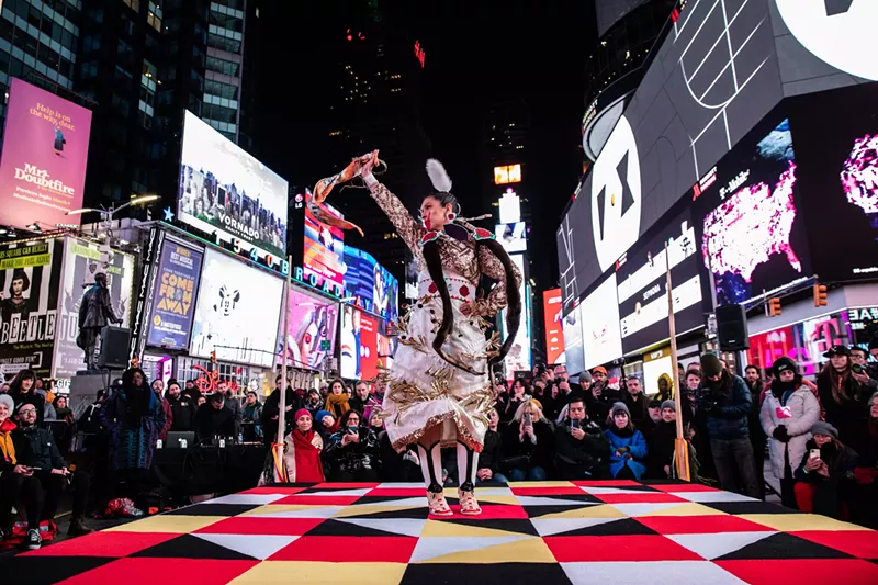 Image: Sarah Ortegon performed a jingle dance in Times Square on March 7.