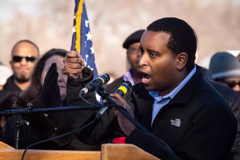Image: Joe Neguse speaking at the 2019 Martin Luther King Jr. Marade.
