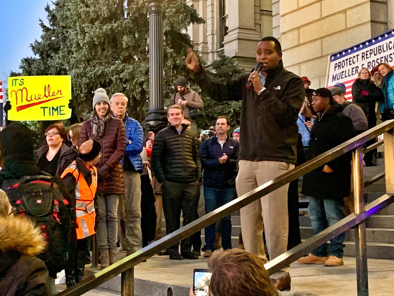 Congressman-elect Joe Neguse speaking to a crowd at the Capitol.