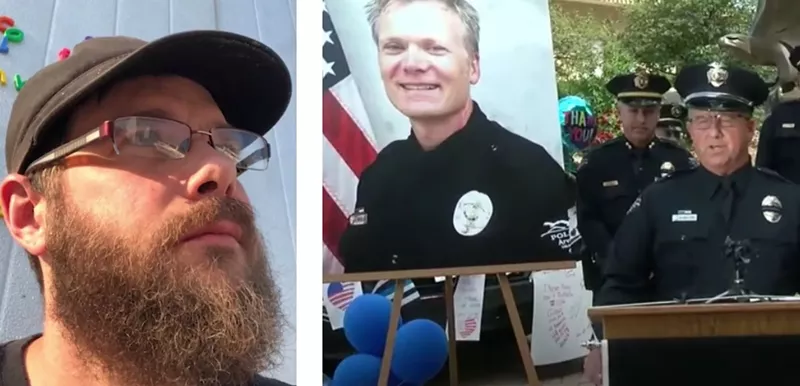 Image: The late John Hurley and a scene from the June 22 Arvada Police Department press conference.