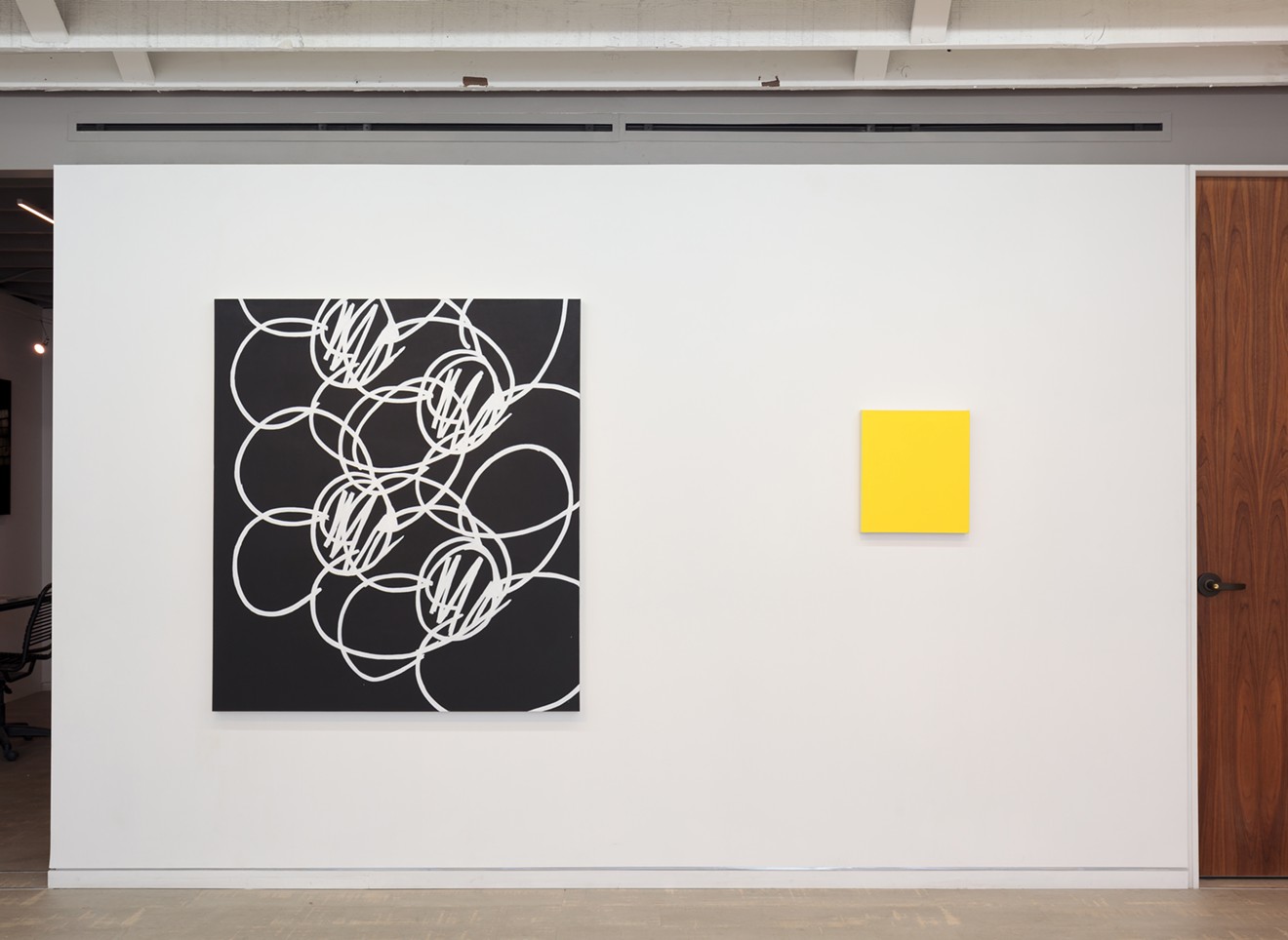 Joseph Coniff’s “Four Flowers” and “Including Yellow (in full detail)”, acrylic and enamel on canvas.