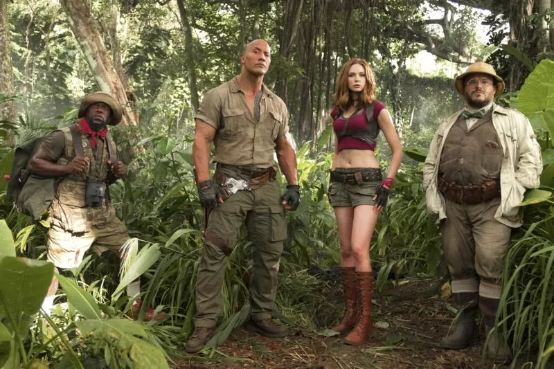 Image: Among the actors involved in the body-swap comedy antics of Jumanji: Welcome to the Jungle are (from left): Kevin Hart, Dwayne Johnson, Karen Gillan and Jack Black.