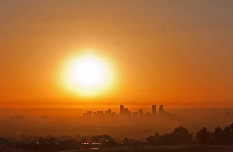 Image: Denver skyline during sunrise
