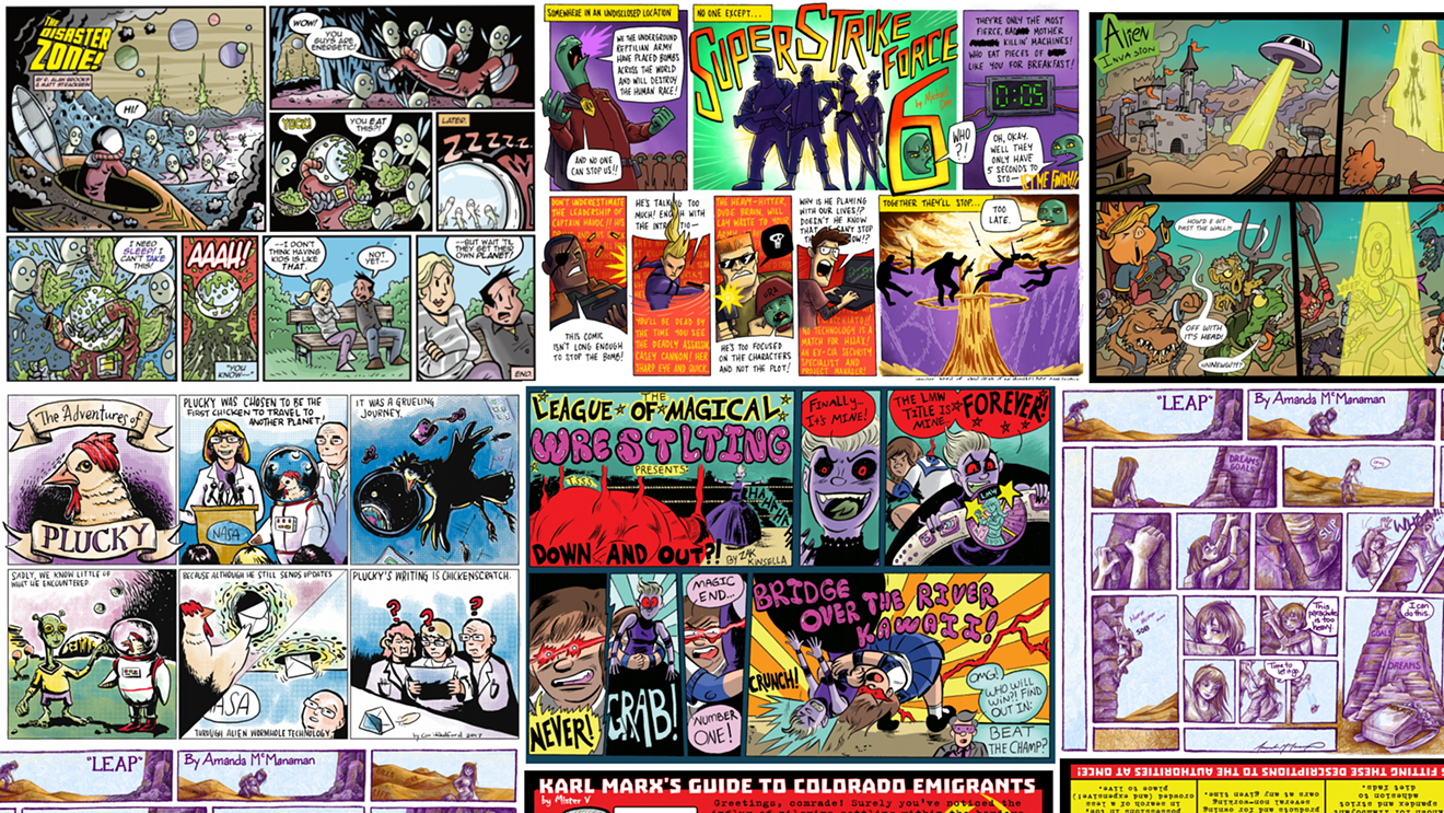 Denver Comix contributions from (by row, left to right) R. Alan Brooks and Matt Strackbein, Michael Dee, Devin Sailors, Cori Redford, Zak Kinsella, Amanda McManaman and Mister V.