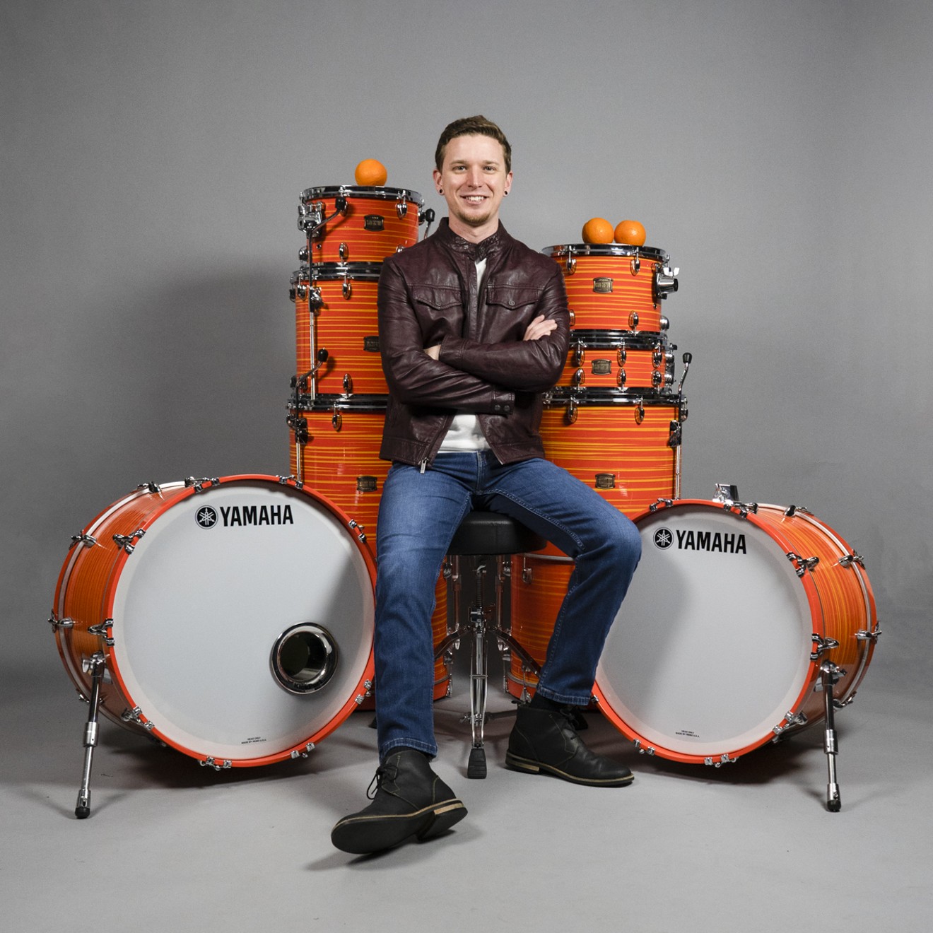 Rupp's Drums owner Alex Simpson with his swirl orange Yamaha Club custom kit, which was stolen from a storage space.